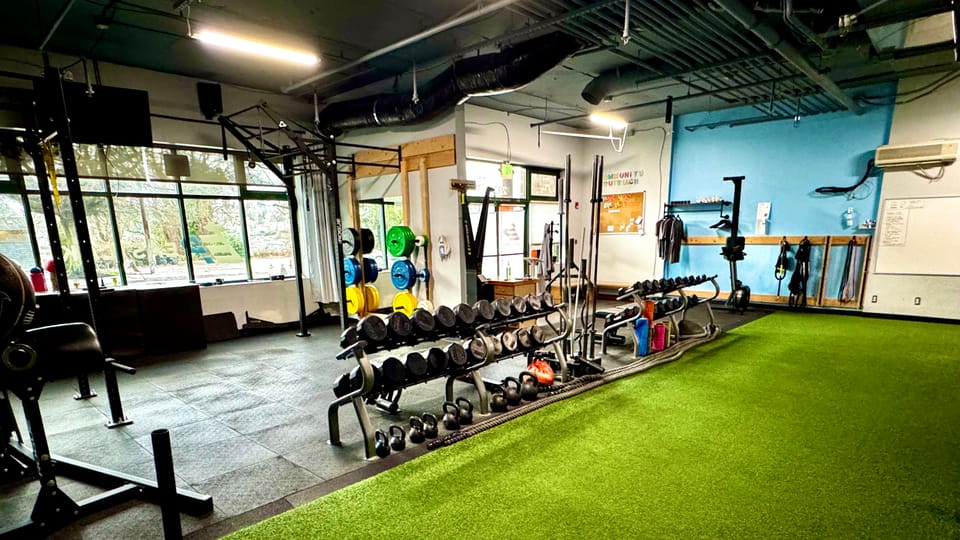 The Eastlake Performance training floor: turf, squat racks and dumbbells, with daylight from the street windows.