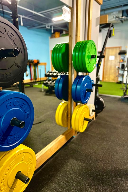 Color-coded Rogue bumper plates stacked on a timber rack beside the turf.